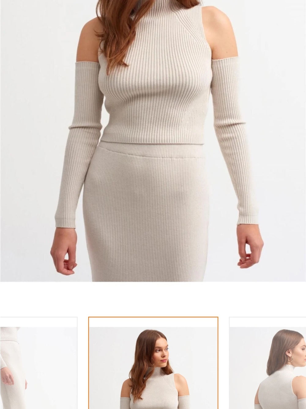 Knit Dress in Beige Cold-Shoulder Ribbed